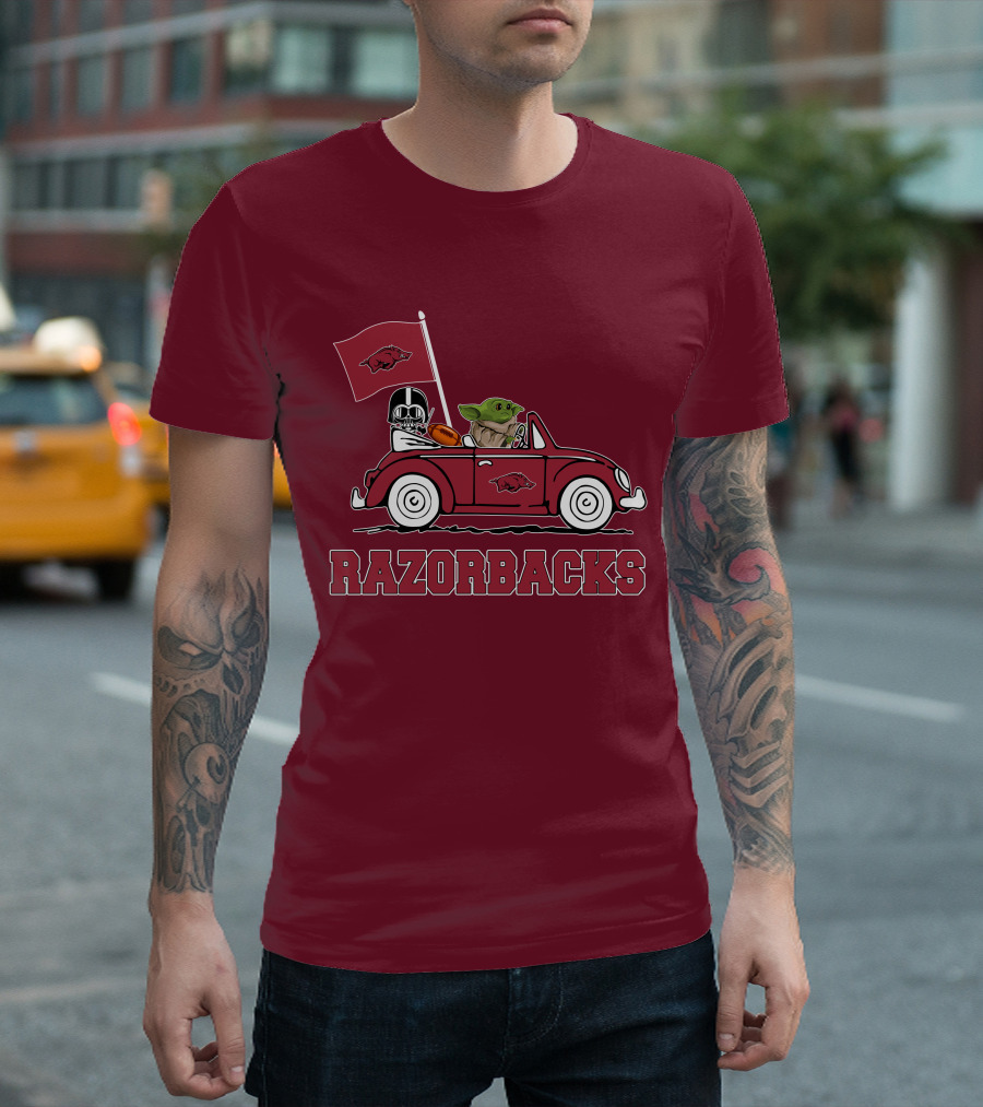 Arkansas Razorbacks Darth Vader Baby Yoda Driving Star Wars Car T-Shirt