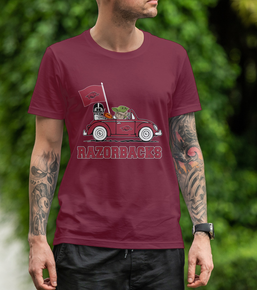 Arkansas Razorbacks Darth Vader Baby Yoda Driving Star Wars Car T-Shirt