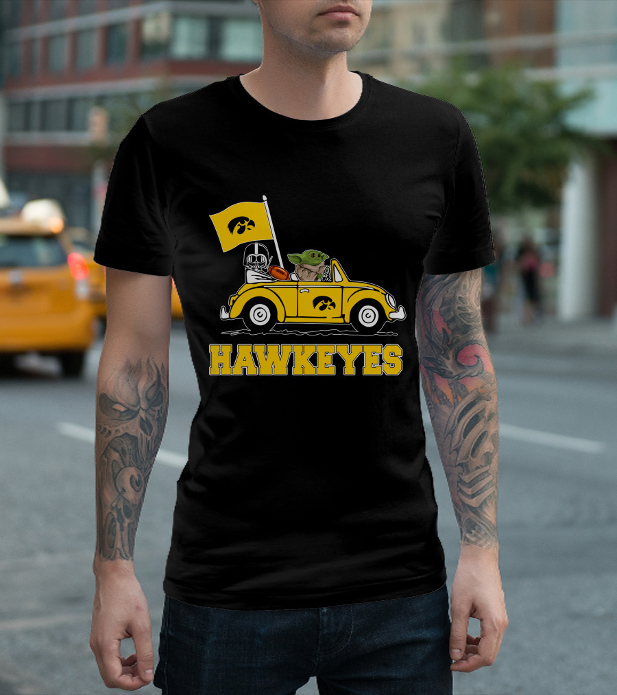 Iowa Hawkeyes Darth Vader Baby Yoda Driving Yellow Car Star Wars T-Shirt