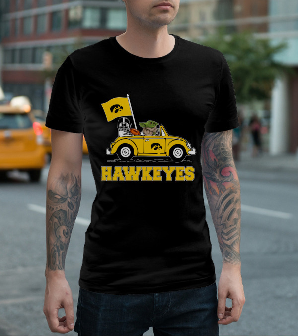 Iowa Hawkeyes Darth Vader Baby Yoda Driving Yellow Car Star Wars T-Shirt
