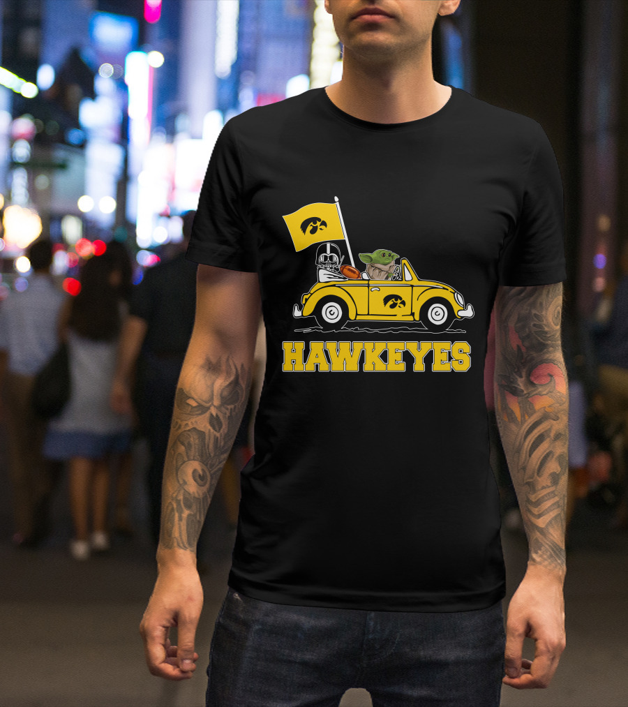 Iowa Hawkeyes Darth Vader Baby Yoda Driving Yellow Car Star Wars T-Shirt