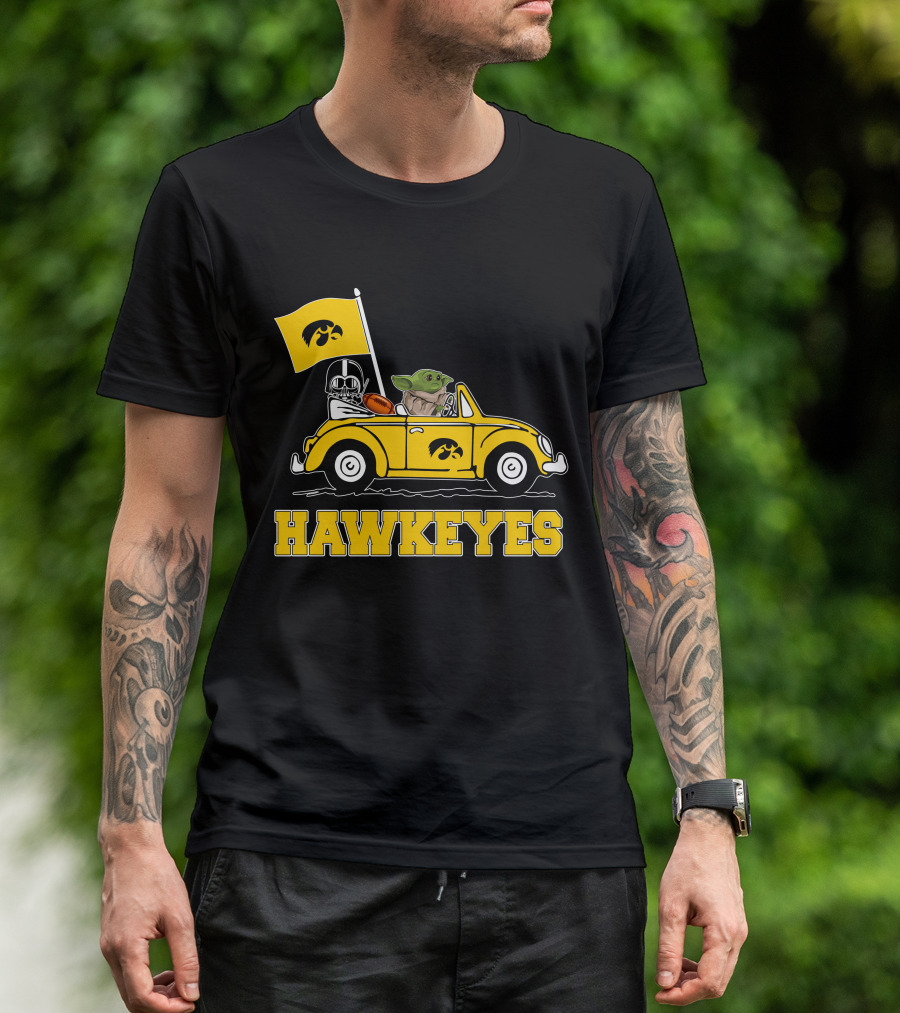 Iowa Hawkeyes Darth Vader Baby Yoda Driving Yellow Car Star Wars T-Shirt