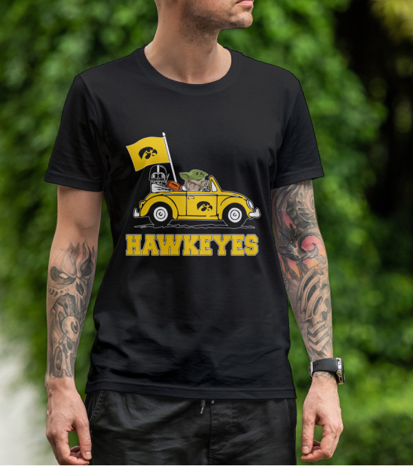 Iowa Hawkeyes Darth Vader Baby Yoda Driving Yellow Car Star Wars T-Shirt