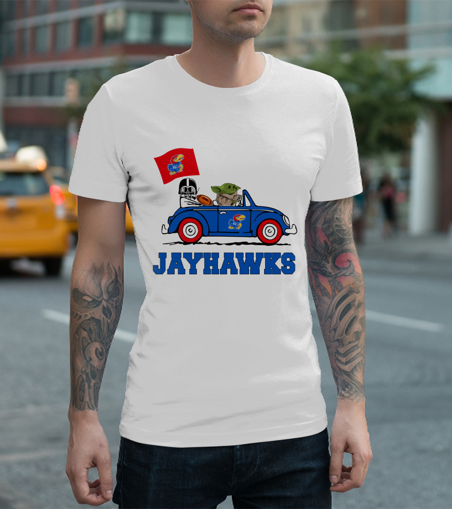 Kansas Jayhawks Darth Vader Baby Yoda Driving With Flag Star Wars Football T-Shirt