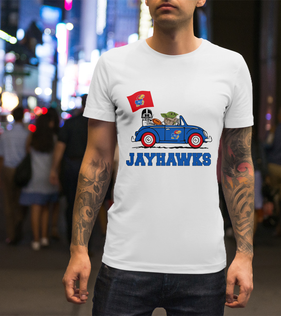 Kansas Jayhawks Darth Vader Baby Yoda Driving With Flag Star Wars Football T-Shirt