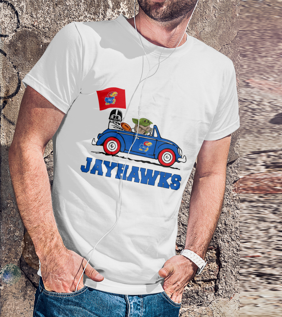 Kansas Jayhawks Darth Vader Baby Yoda Driving With Flag Star Wars Football T-Shirt
