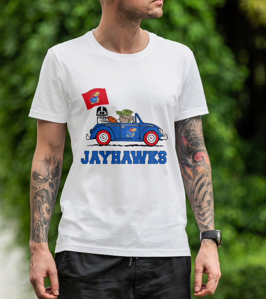 Kansas Jayhawks Darth Vader Baby Yoda Driving With Flag Star Wars Football T-Shirt