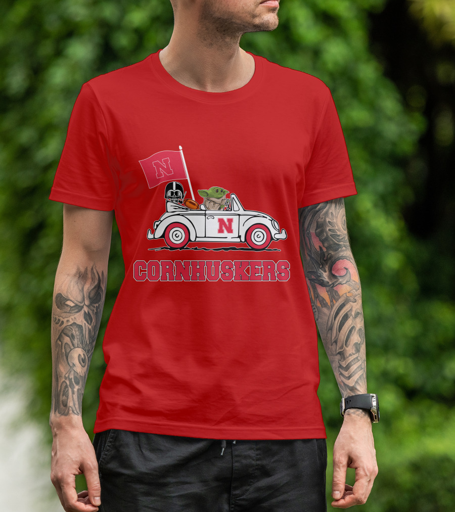 Cornhuskers Darth Vader Baby Yoda Driving Nebraska Car Star Wars T-Shirt