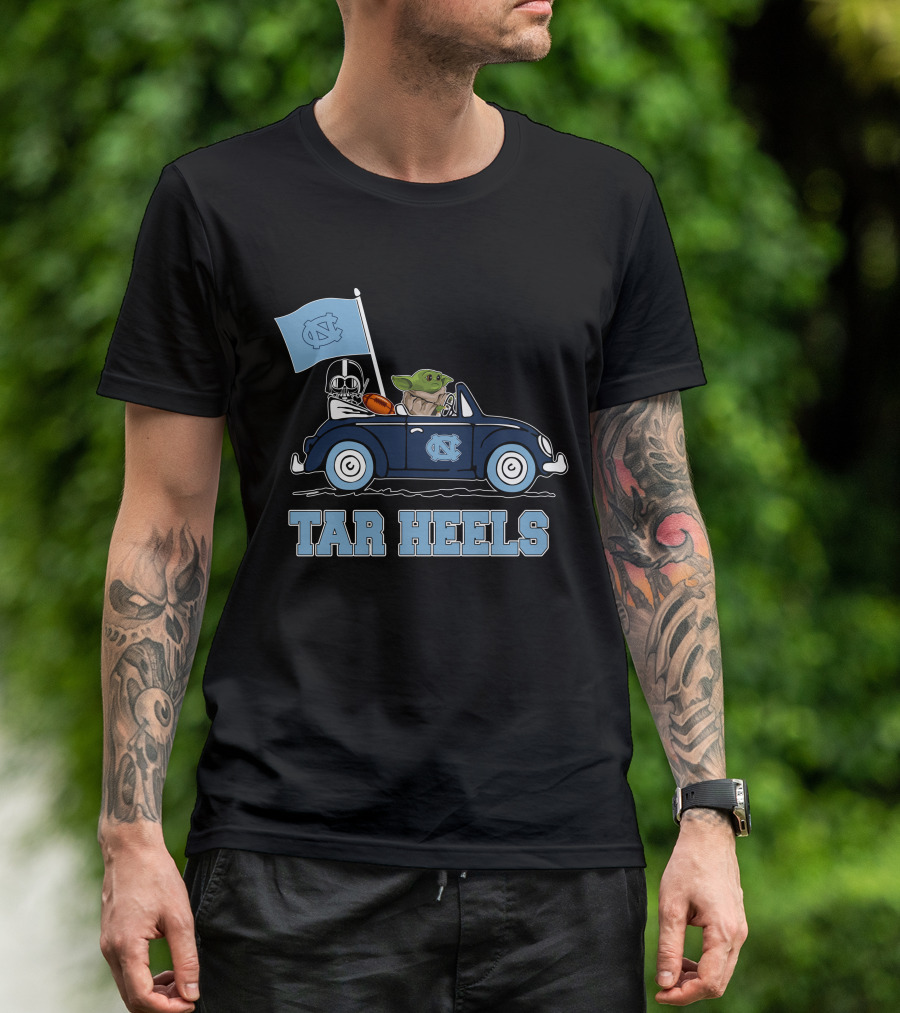 North Carolina Tar Heels Darth Vader Baby Yoda Driving Car Star Wars T-Shirt