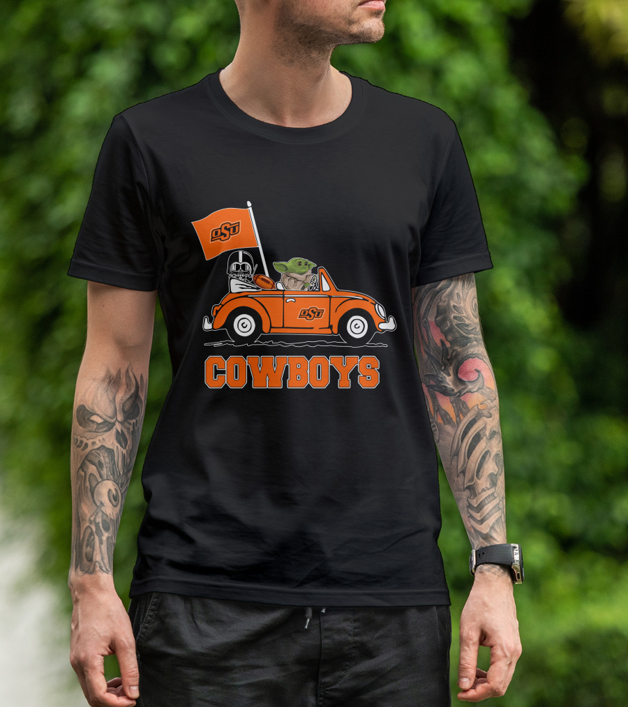 Oklahoma State Cowboys Darth Vader Baby Yoda Driving OsU Flag T-Shirt