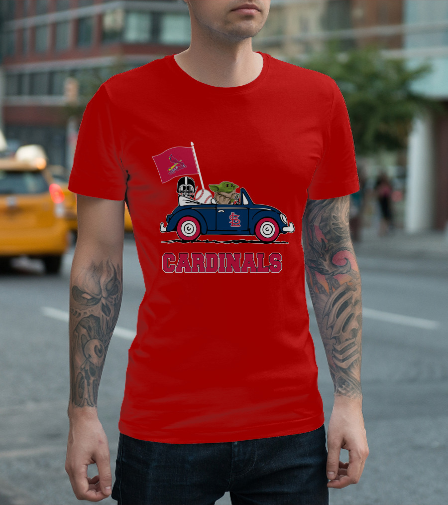 St Louis Cardinals Darth Vader Baby Yoda Driving Car Star Wars Baseball T-Shirt