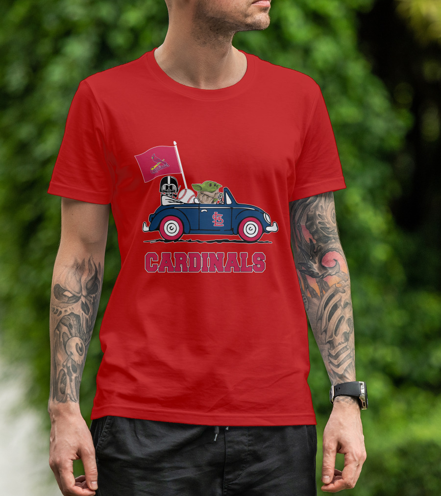 St Louis Cardinals Darth Vader Baby Yoda Driving Car Star Wars Baseball T-Shirt