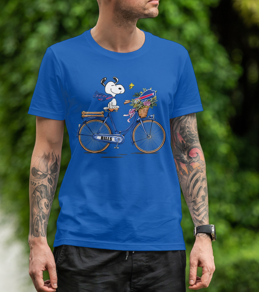 Buffalo Bills Snoopy Bicycle With Woodstock And Football Elements T-Shirt