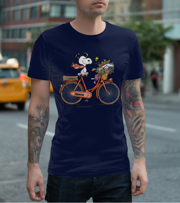 Denver Broncos Snoopy On Bicycle With Woodstock And Helmet T-Shirt
