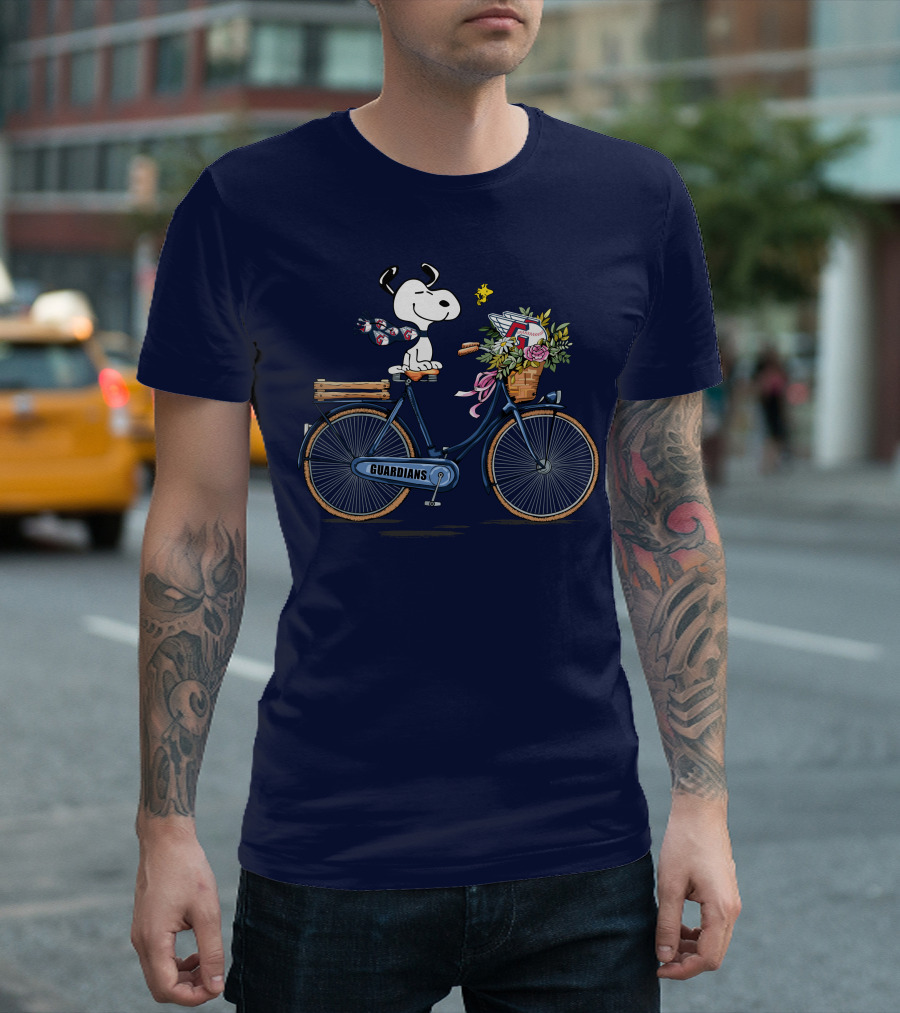 Cleveland Guardians Snoopy Riding Bicycle with Flowers and Baseball Bow Tie T-Shirt