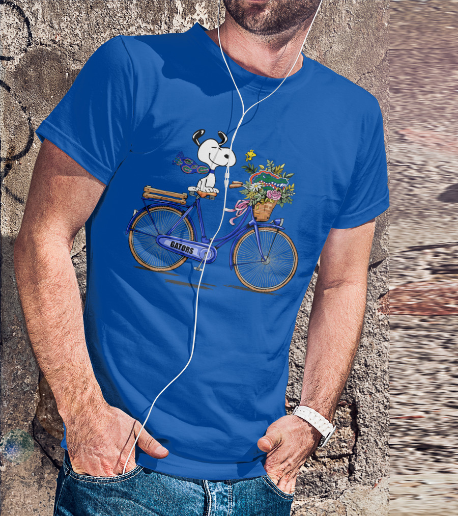 Snoopy Riding Gators Bike With Florida Gators Logo And Basket Of Flowers T-Shirt