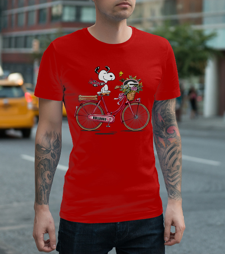 Georgia Bulldogs Snoopy Riding Bike with Flowers T-Shirt
