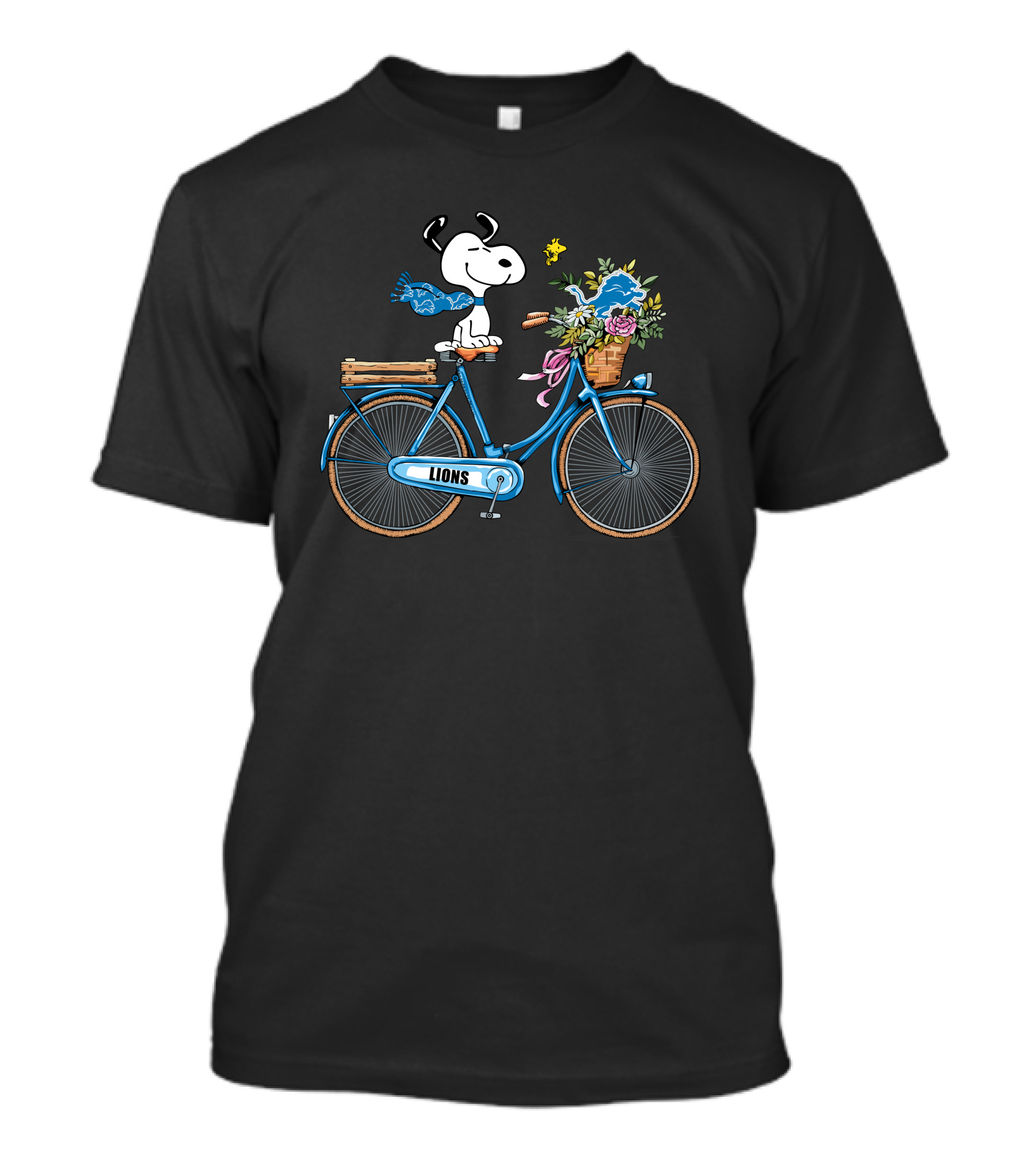 Detroit Lions Snoopy On Bicycle With Woodstock And Flowers T-Shirt