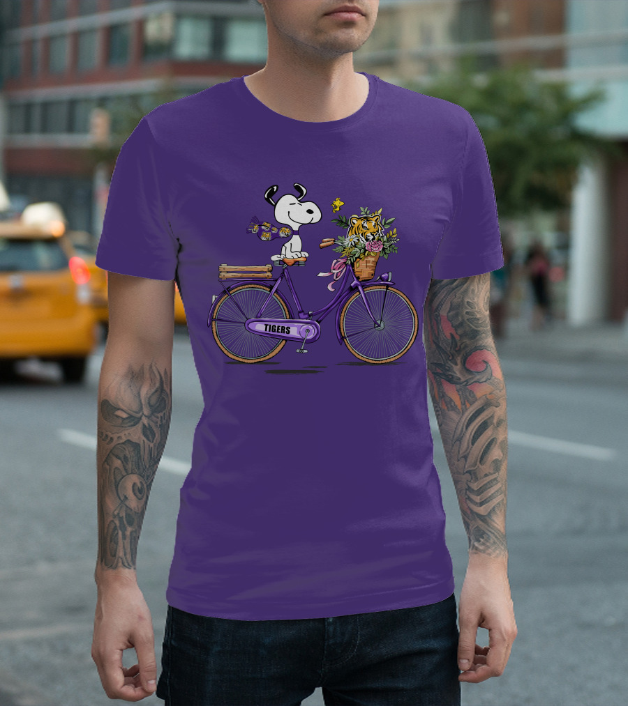 Snoopy Riding Purple Bicycle with LSU Tigers Bouquet T-Shirt
