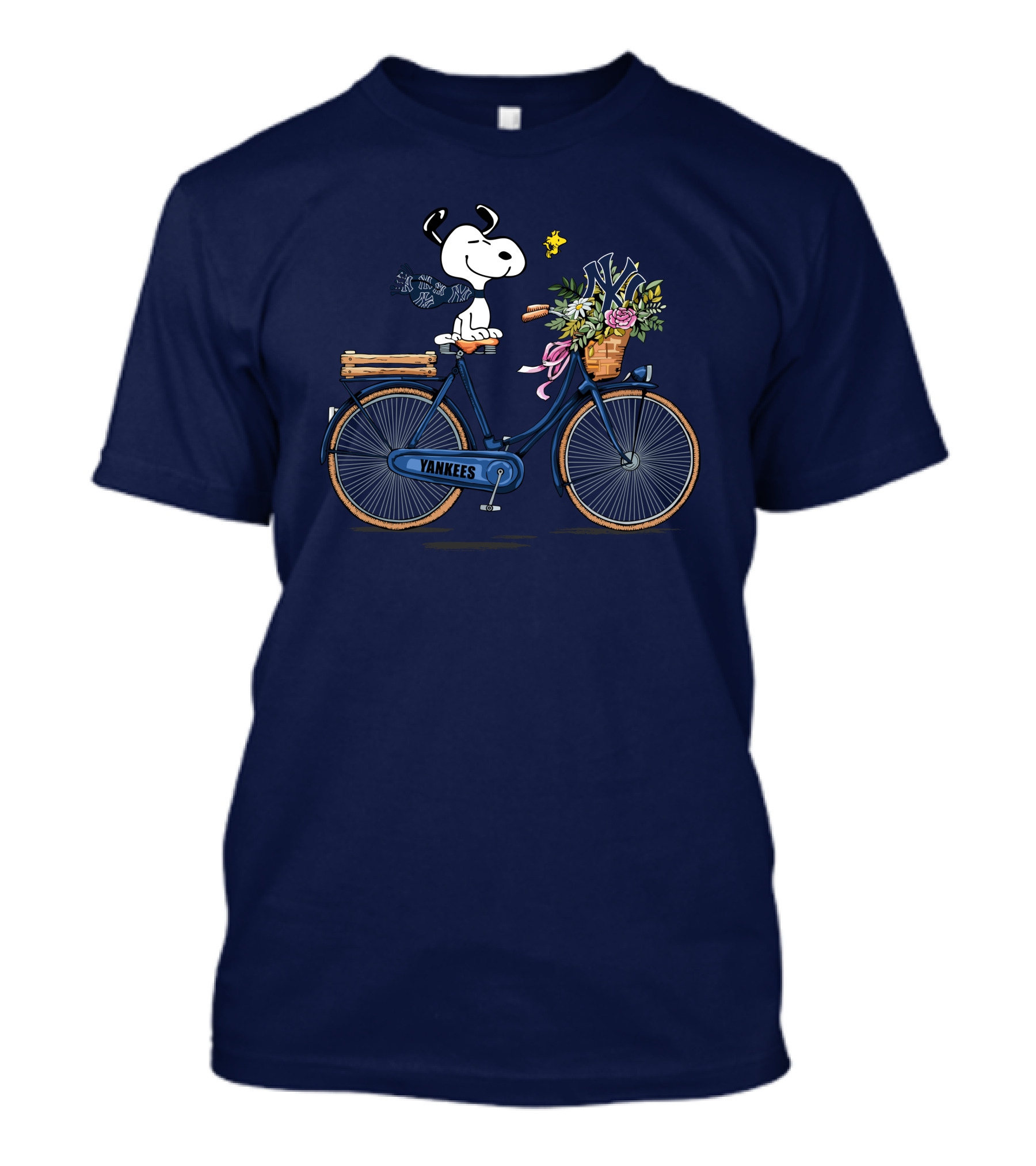 New York Yankees Snoopy On Bicycle With Woodstock And Flowers T-Shirt