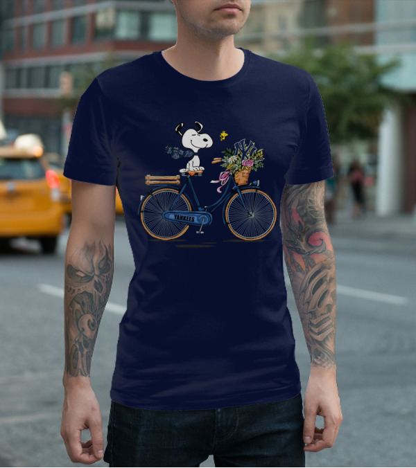 New York Yankees Snoopy On Bicycle With Woodstock And Flowers T-Shirt