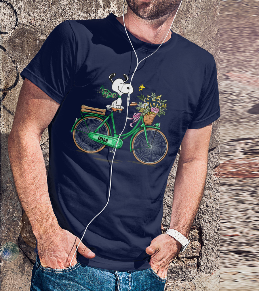 Notre Dame Fighting Irish Snoopy On Bicycle With Flowers And Woodstock T-Shirt