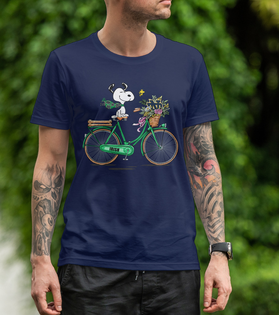 Notre Dame Fighting Irish Snoopy On Bicycle With Flowers And Woodstock T-Shirt