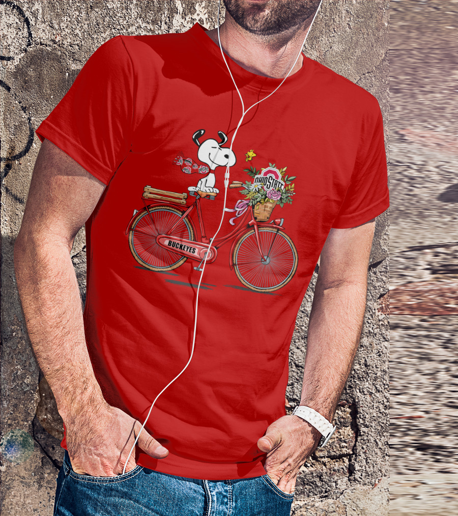 Ohio State Buckeyes Snoopy On Bicycle With Woodstock And Flowers T-Shirt