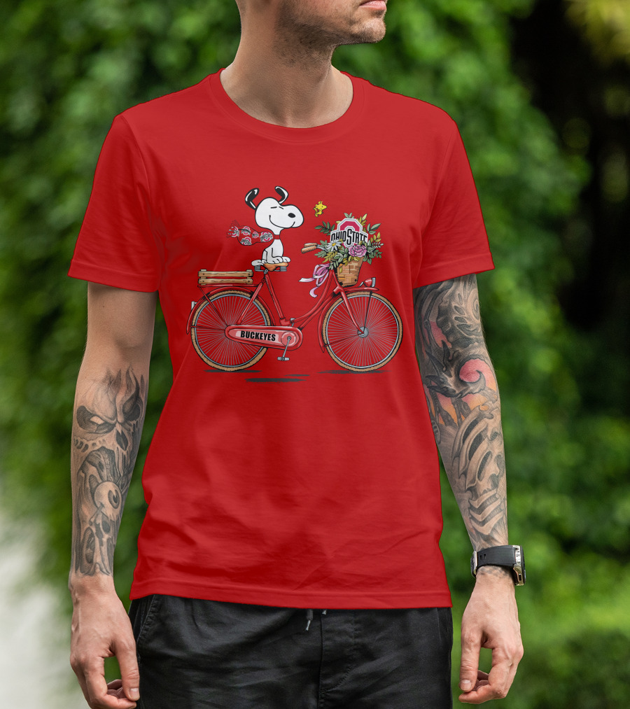 Ohio State Buckeyes Snoopy On Bicycle With Woodstock And Flowers T-Shirt