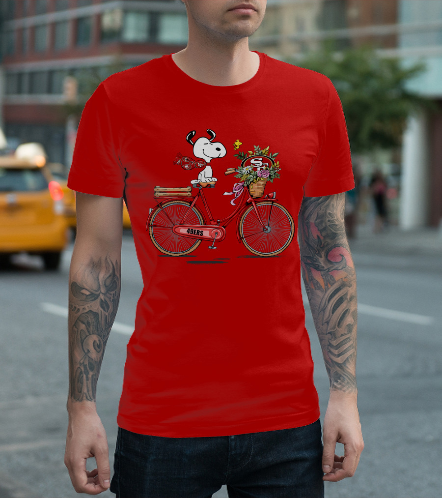 San Francisco 49ers Snoopy Riding Bike with Flowers T-Shirt