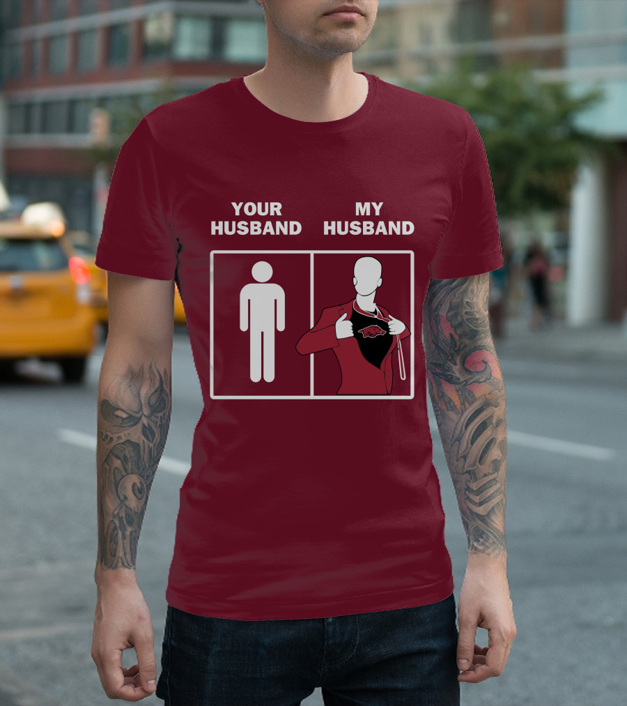 Arkansas Razorbacks Your Husband My Husband Superhero Fan Comparison T-Shirt