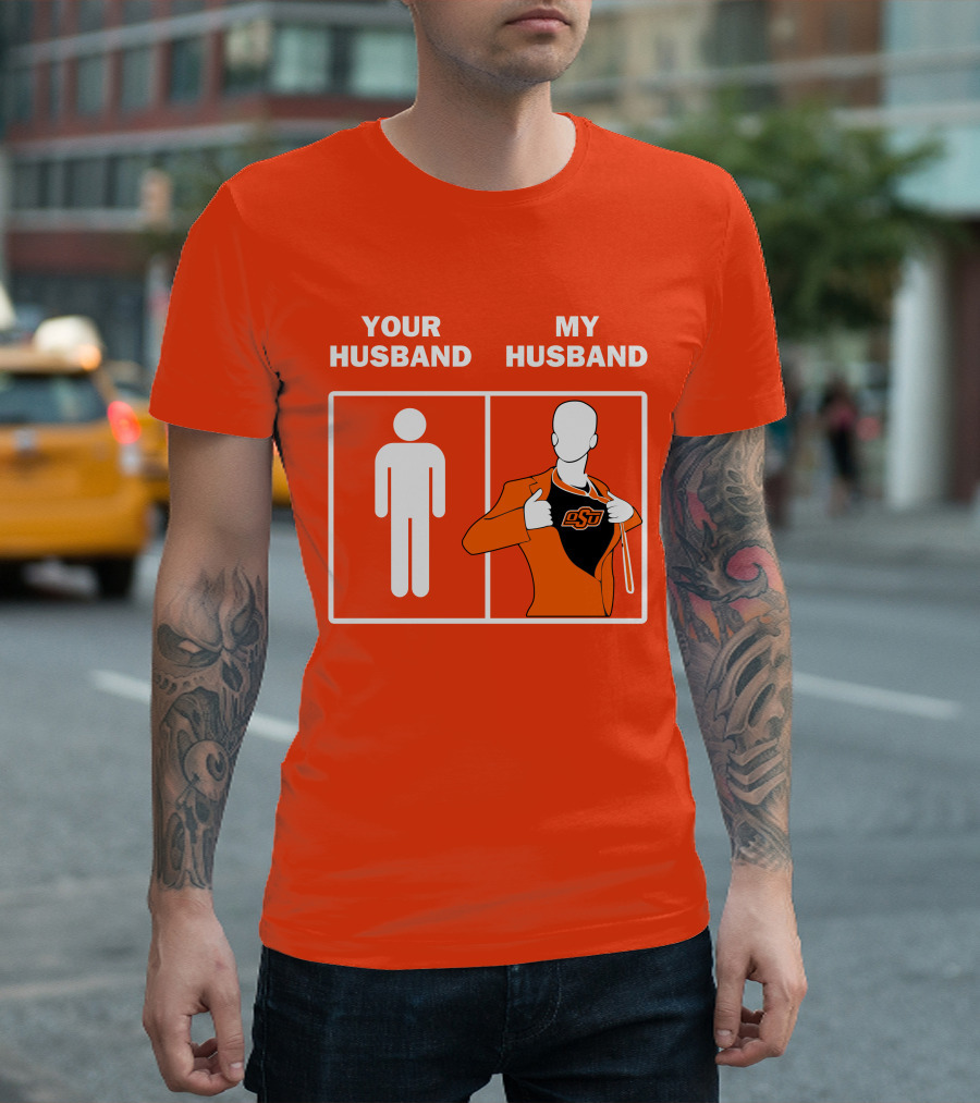 Oklahoma State Cowboys Your Husband My Husband OSU Logo Superhero Orange Suit T-Shirt