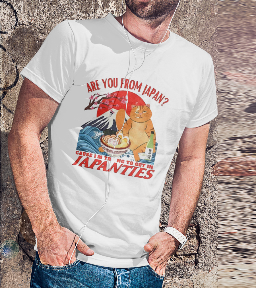 Are You From Japan Funny Cat Japanties Sushi Mt. Fuji Background T-Shirt