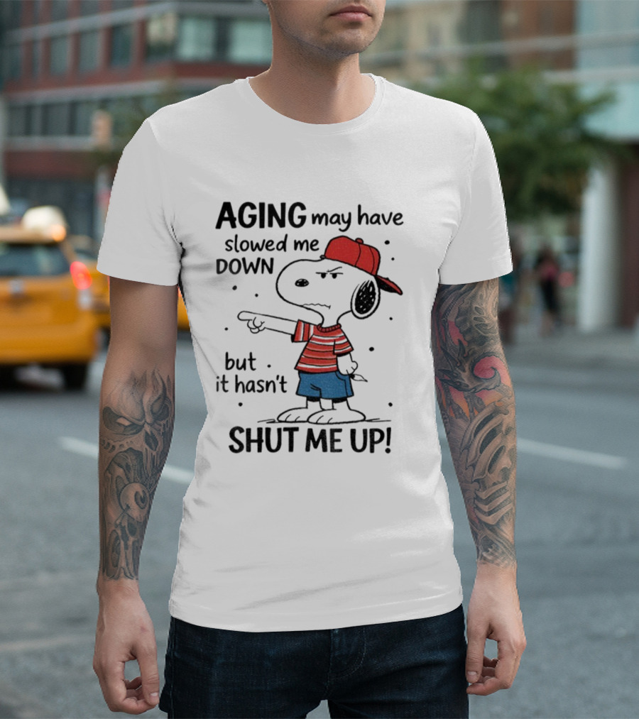 Snoopy Aging May Have Slowed Me Down But It Hasn't Shut Me Up Red Hat Striped Blue Shorts T-Shirt