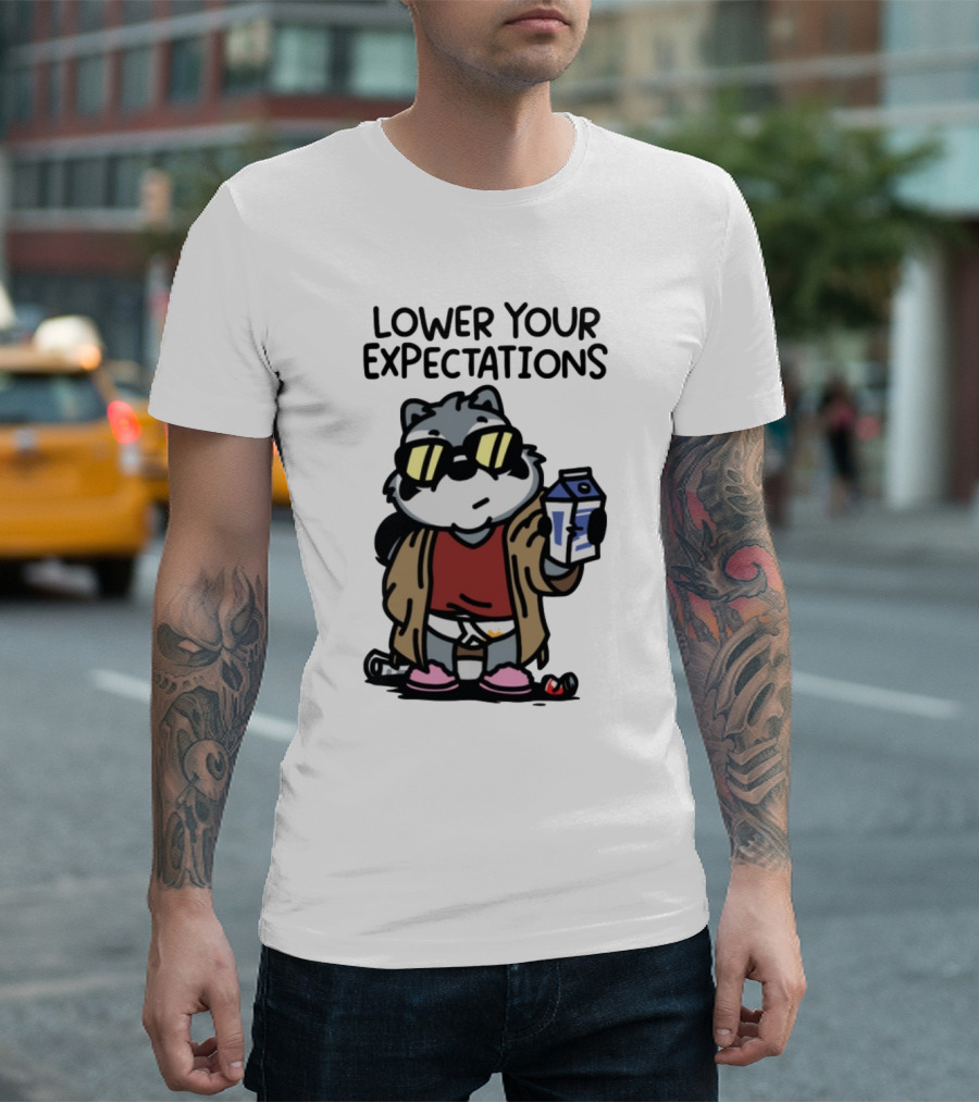 Lower Your Expectations Cartoon Character With Sunglasses And Milk Carton T-Shirt