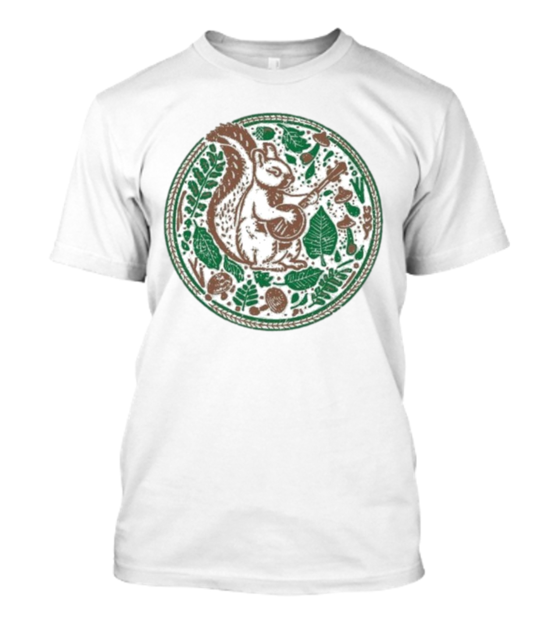 Squirrel Playing Banjo Nature Acorns Leaves Mushrooms T-Shirt