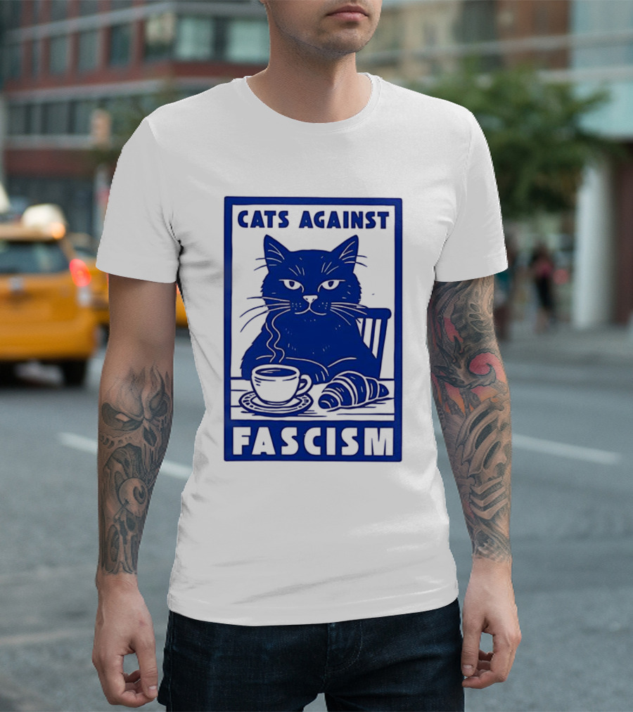 Cats Against Fascism Coffee And Croissant T-Shirt
