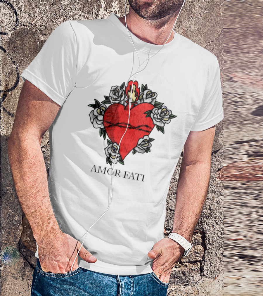 Amor Fati Sacred Heart Barbed Wire Roses Flame T-Shirt