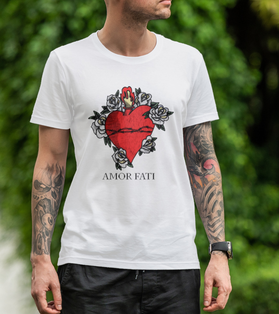 Amor Fati Sacred Heart Barbed Wire Roses Flame T-Shirt