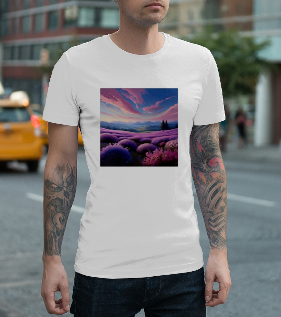 Her Radiant Bloom Lavender Sunset Landscape with Pink and Purple Sky T-Shirt
