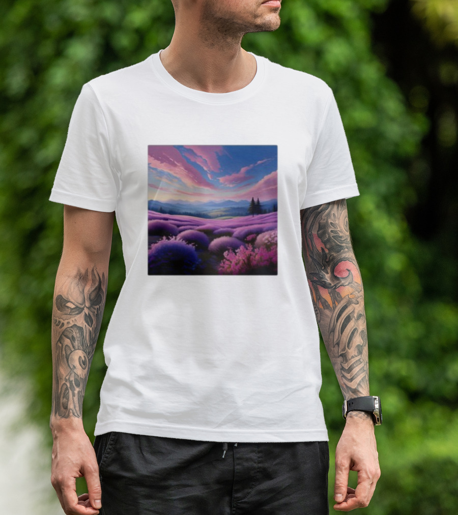 Her Radiant Bloom Lavender Sunset Landscape With Pink And Purple Sky T-Shirt