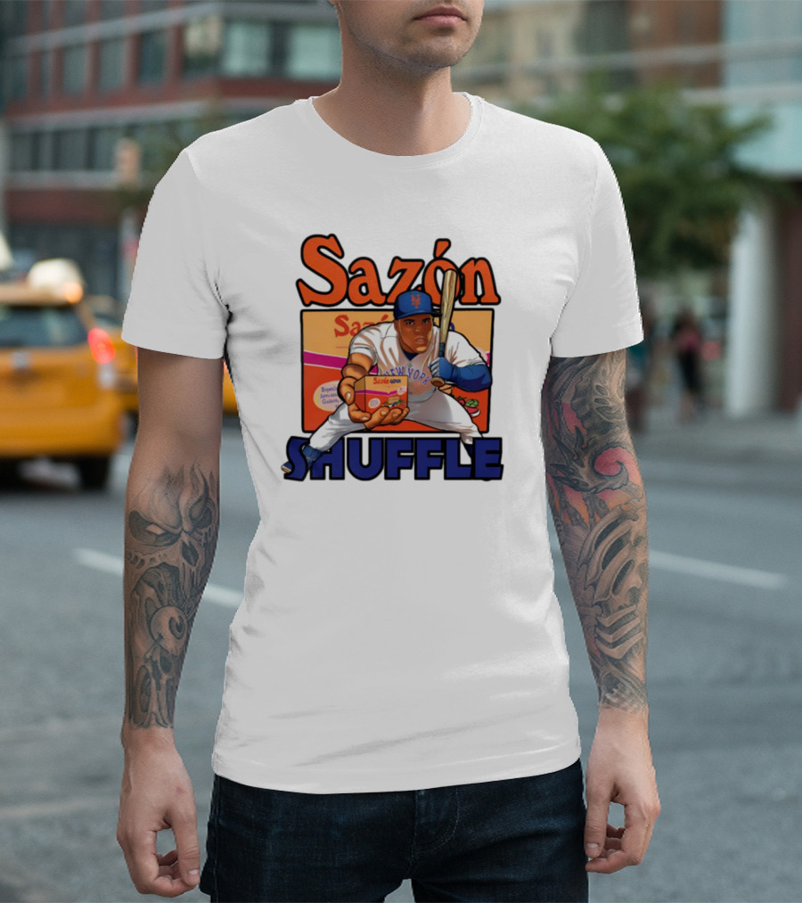 New York Sazón Goya Baseball Player Shuffle T-Shirt
