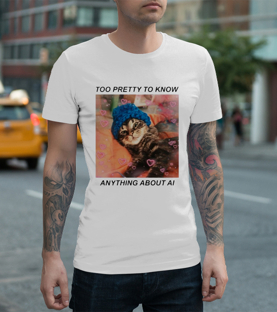 Too Pretty To Know Anything About AI Cat In Blue Hat Surrounded By Hearts T-Shirt