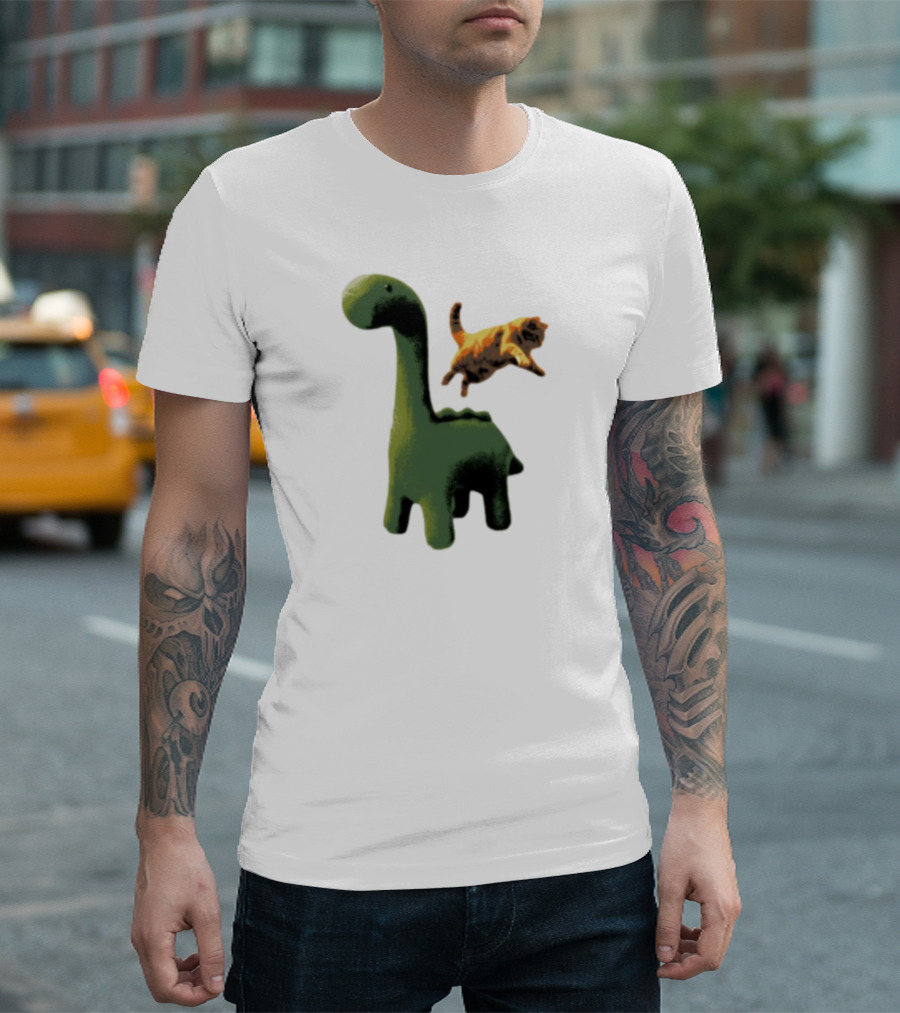Abram Engle Kurt Dino Green Dinosaur with Leaping Orange Cat T-Shirt
