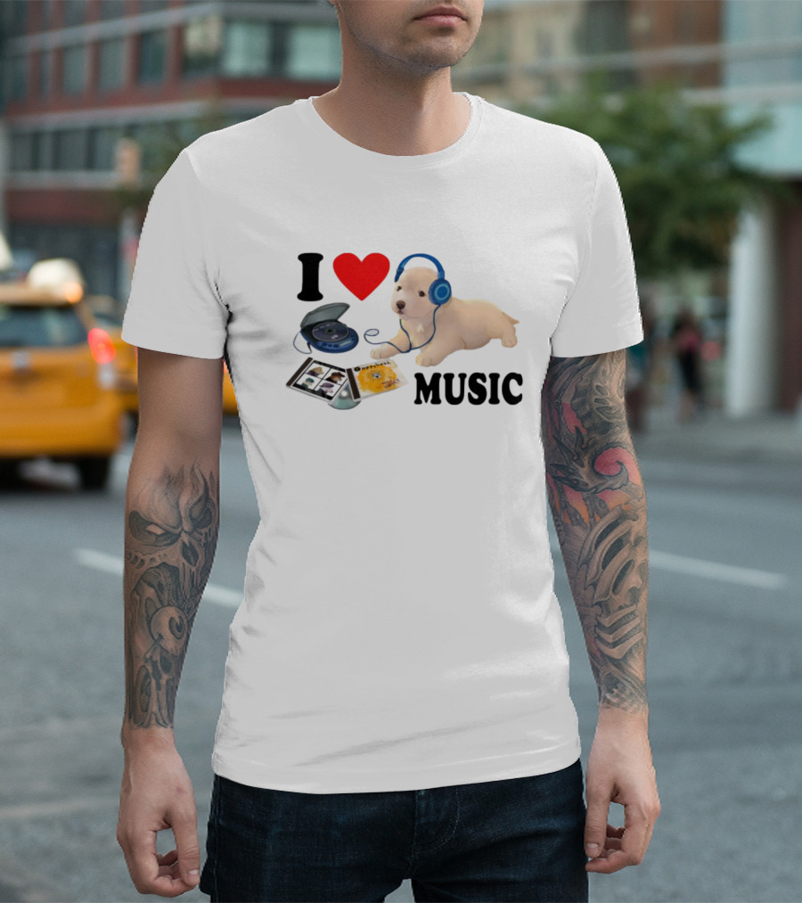 I Love Music Dog Headphones CD Player Album Puppy T-Shirt