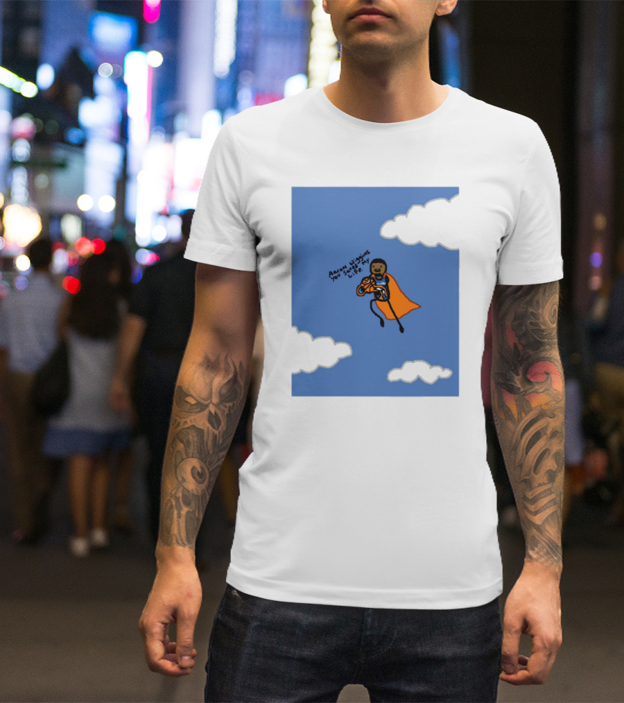 Aaron Wiggins You Saved My Life Superhero Drawing Floating In Clouds T-Shirt