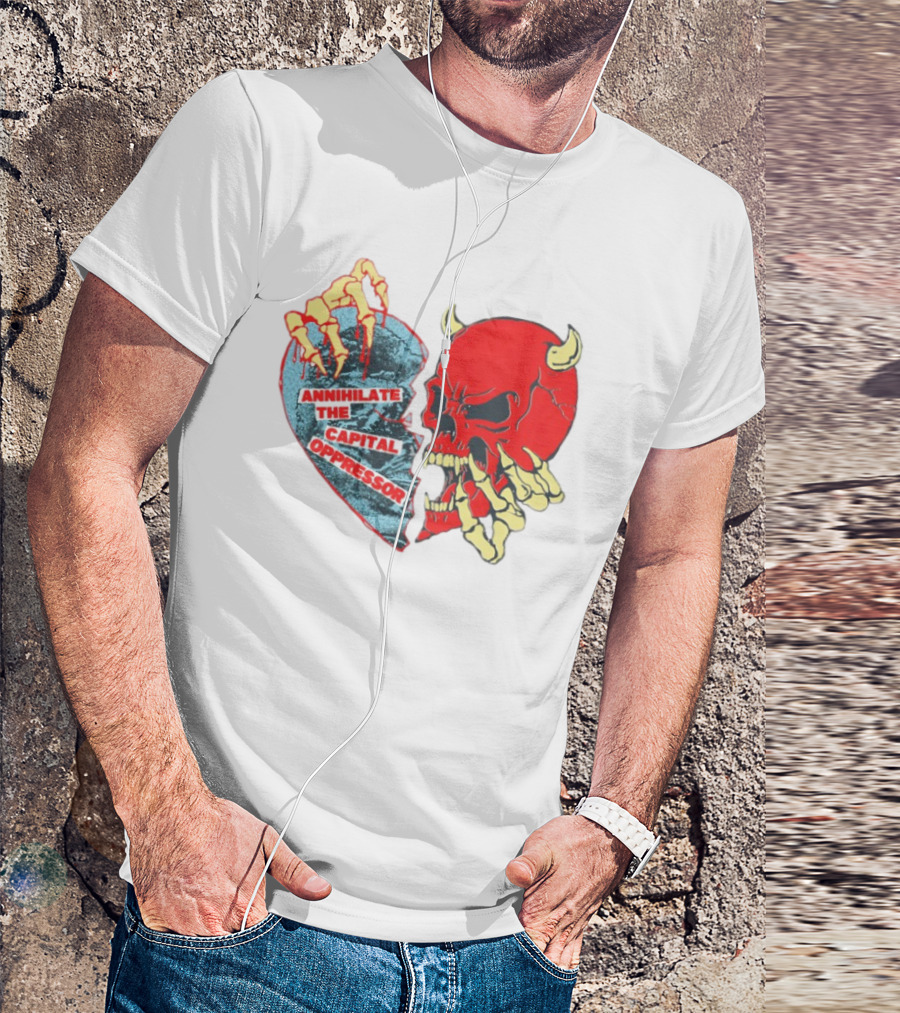 Annihilate The Capital Oppressor Red Skull And Skeleton Heart Design T-Shirt