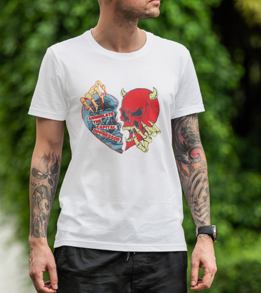Annihilate The Capital Oppressor Red Skull And Skeleton Heart Design T-Shirt