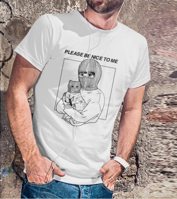 Please Be Nice To Me Masked Figure Hugging Cat T-Shirt