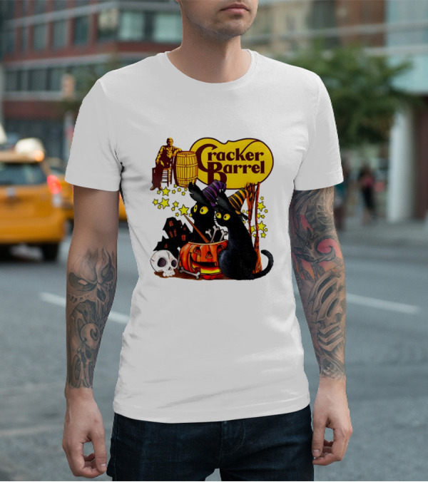 Cracker Barrel Halloween 2025 Black Cat Witches Pumpkin Stars Skulls T-Shirt